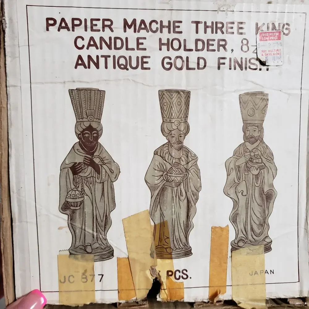 Vintage Papier Mache Three King Candle Holder Antique Gold Finish Nativity Decor